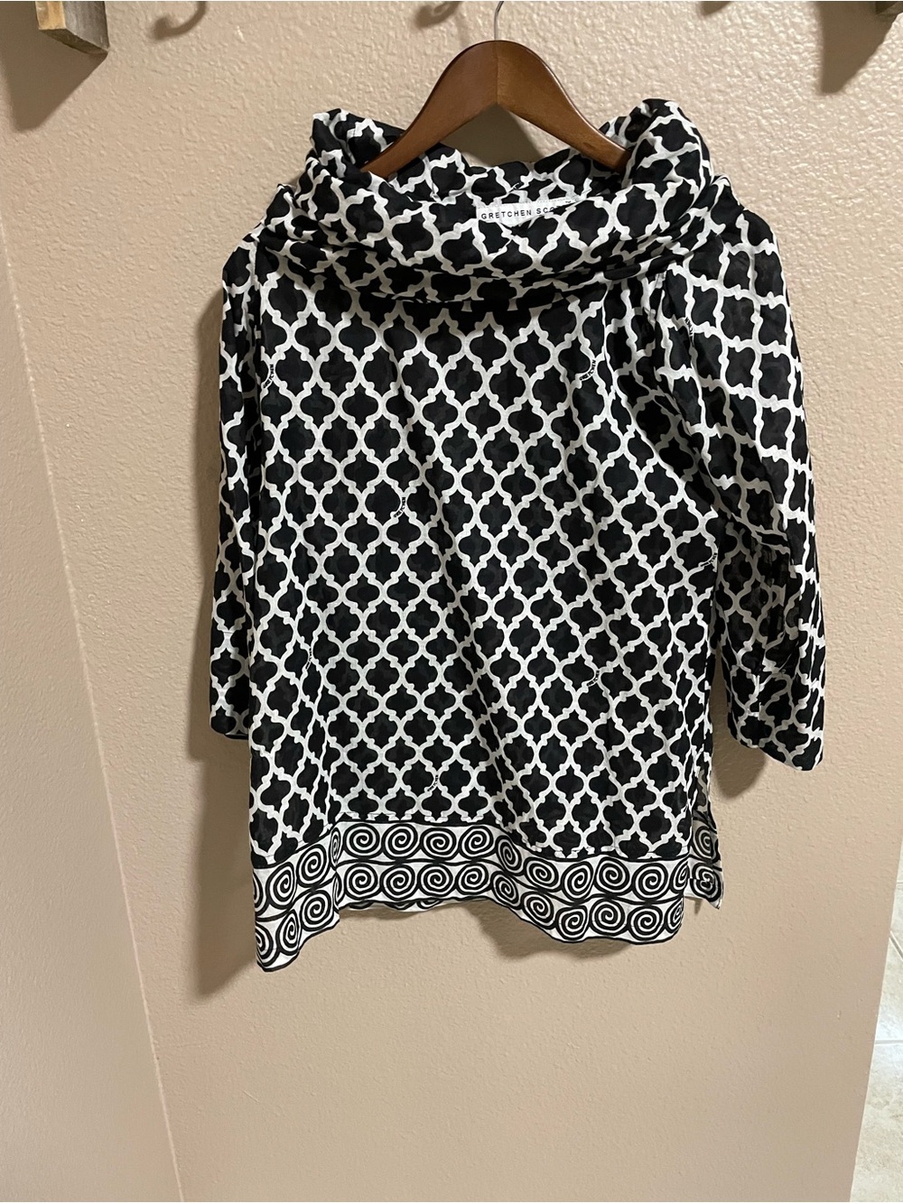 Gretchen Scott Cowl Neck Black & White Geometric Blouse Tunic